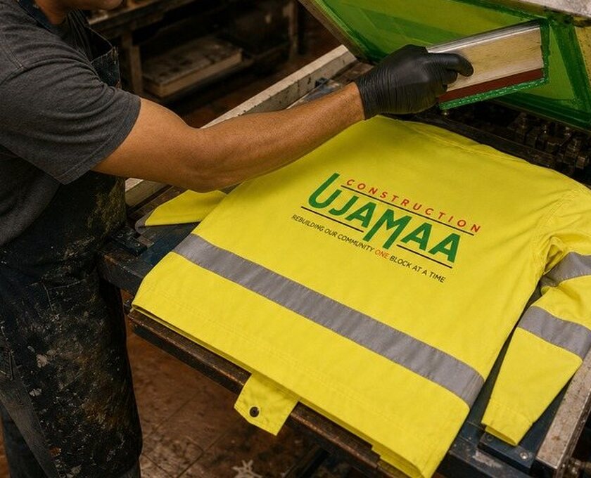 At the screen printing press, the freshly printed UJAMAA Construction logo on a hi-vis jacket still on the platen