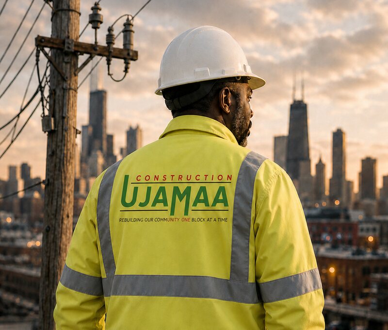 A construction worker in a safety-yellow hi-vis jacket and white hard hat overlooking the Chicago skyline at golden hour, the UJAMAA Construction logo and its Rebuilding Our Community One Block At A Time tagline printed across his back