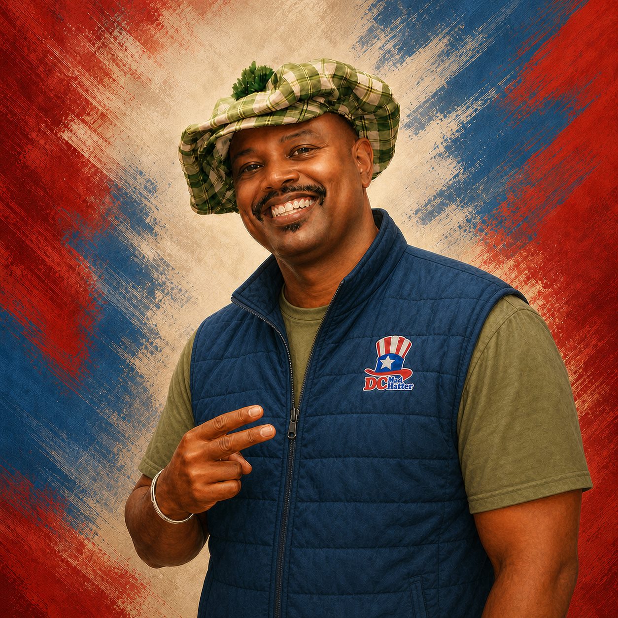 DC, owner of DC Mad Hatter, smiling in his plaid hat and DC Mad Hatter vest