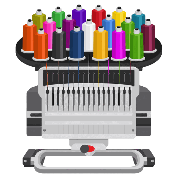 A multi-needle embroidery machine, its carousel loaded with colour-matched thread cones feeding down to the needle bars
