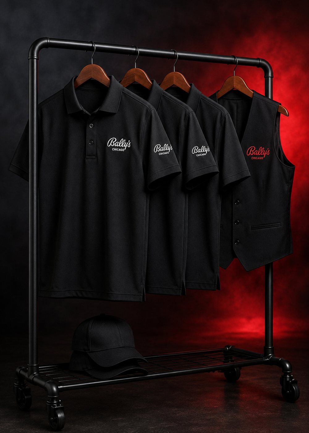 Bally's Chicago staff uniforms on a garment rack: black polos with the white script crest and a service vest with it in red
