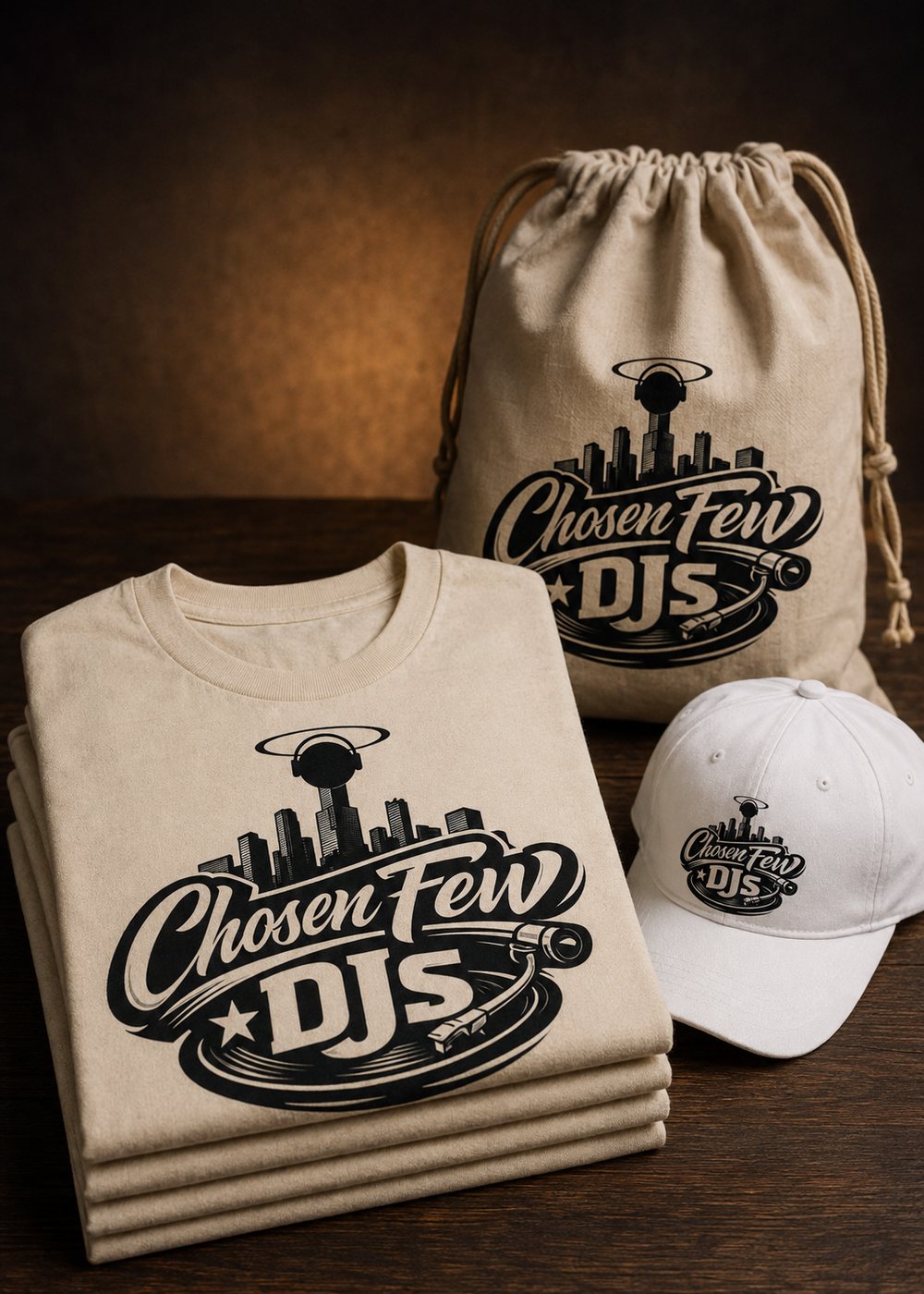 Chosen Few DJs merch decorated by DC: natural tees, a canvas drawstring bag, and a white cap carrying the current script mark