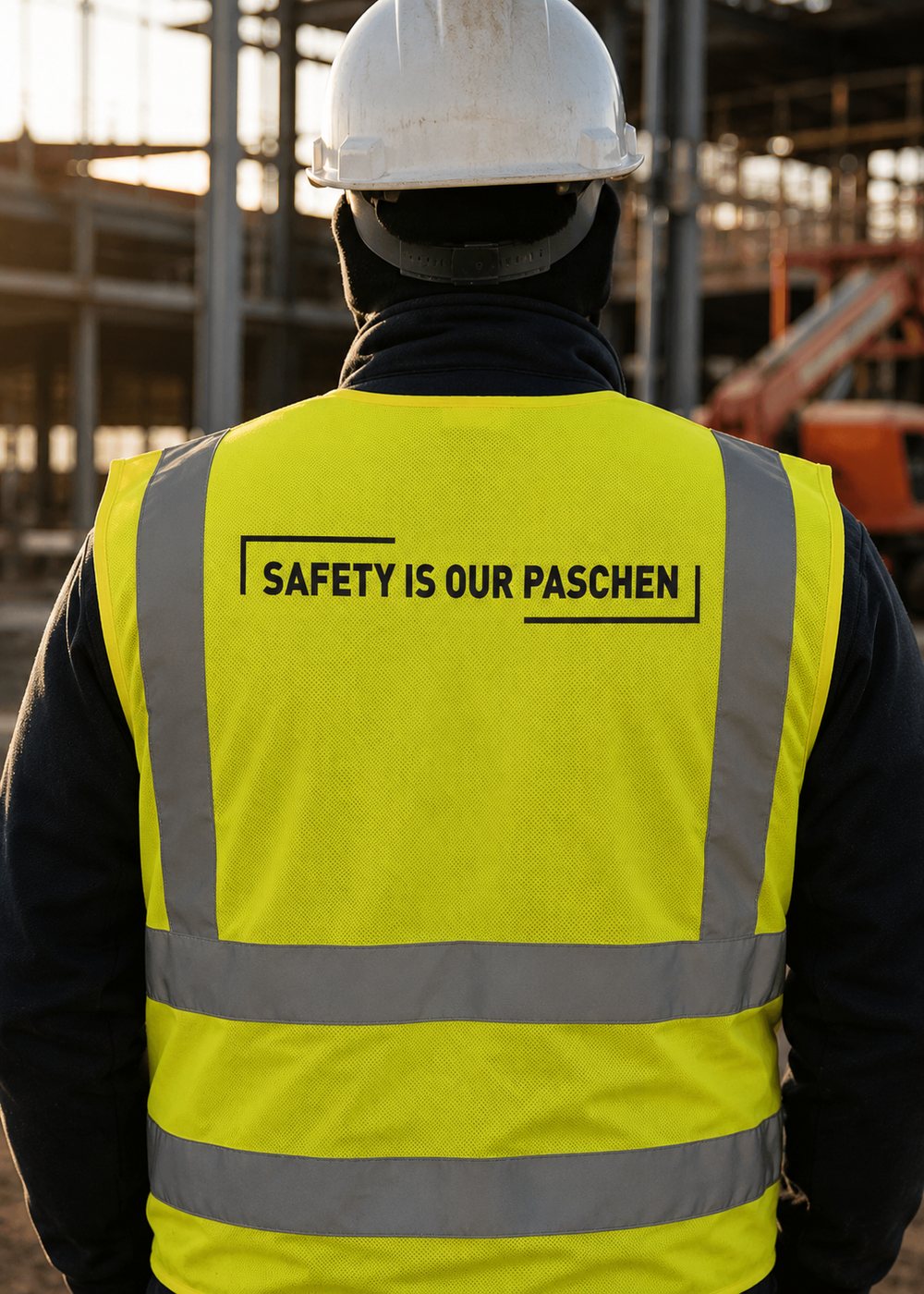 A safety-yellow hi-vis vest from behind on a jobsite, Safety is Our Paschen printed across the back panel