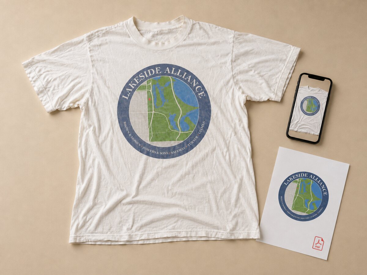 An old wrinkled white tee with a faded Lakeside Alliance print, the kind of art a client actually sends