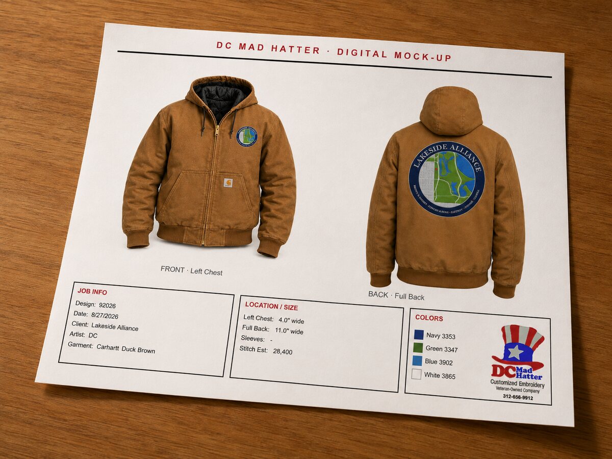 DC's digital mock-up sheet: the Lakeside Alliance seal placed on a duck brown jacket, front and back, with sizes and thread colors specified