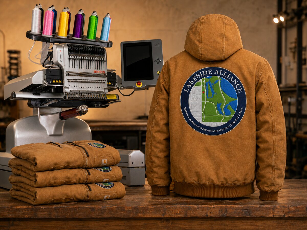 The embroidery machine beside folded finished jackets, the Lakeside Alliance seal stitched crisp across a full back
