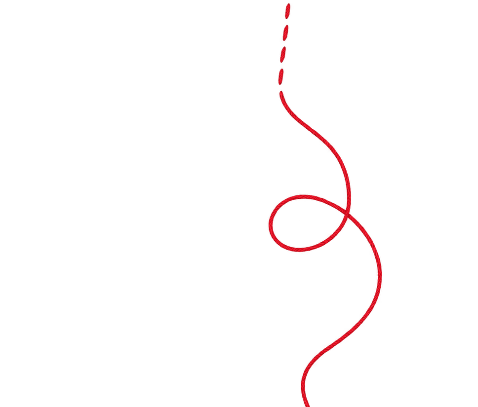 The same red thread continuing down the corner, now fully worked into embroidery