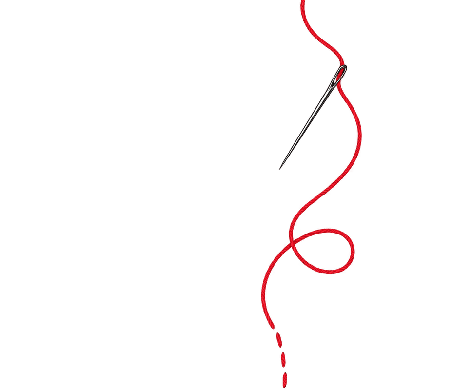 A loose red thread falling through the corner and tightening into a line of embroidery stitches